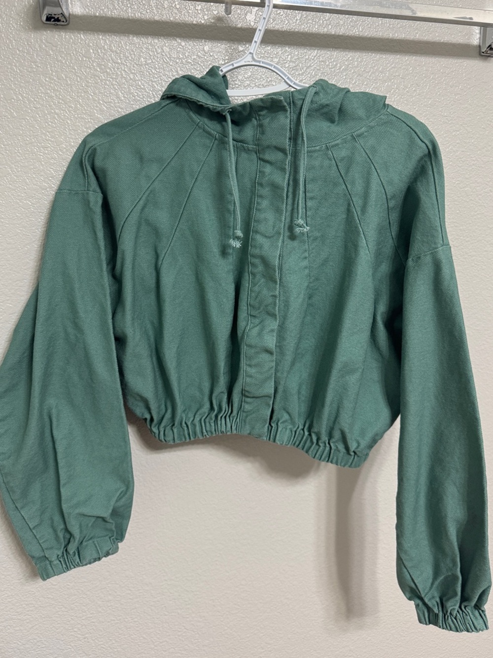Forever 21 Green Cropped Hooded Jean Jacket